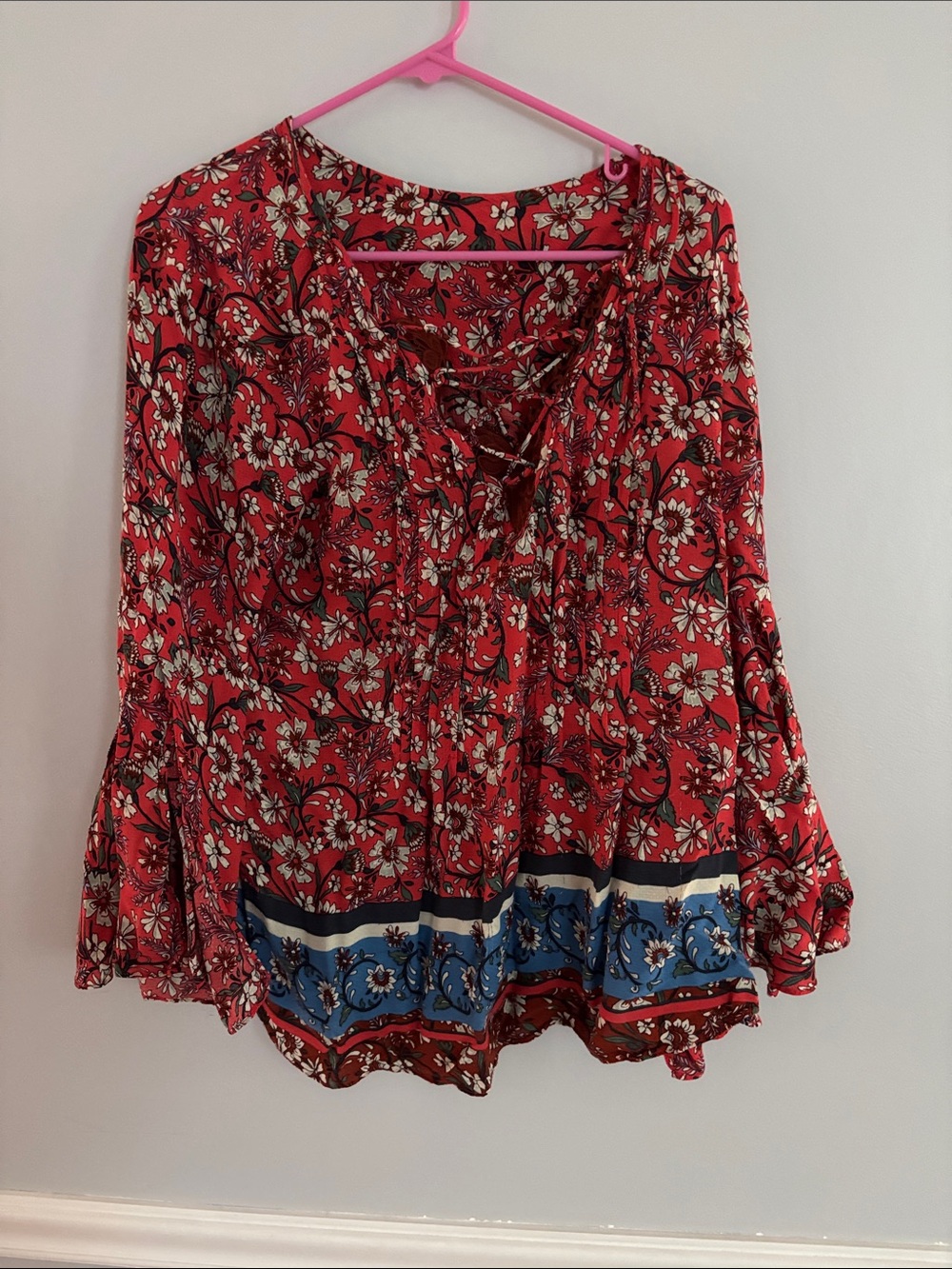 Vintage America Blues Red Blue Floral Pace Bell Sleeve Boho Blouse Top